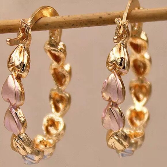 Gold and Pink Heart Hoop Earrings - Picture 1 of 1